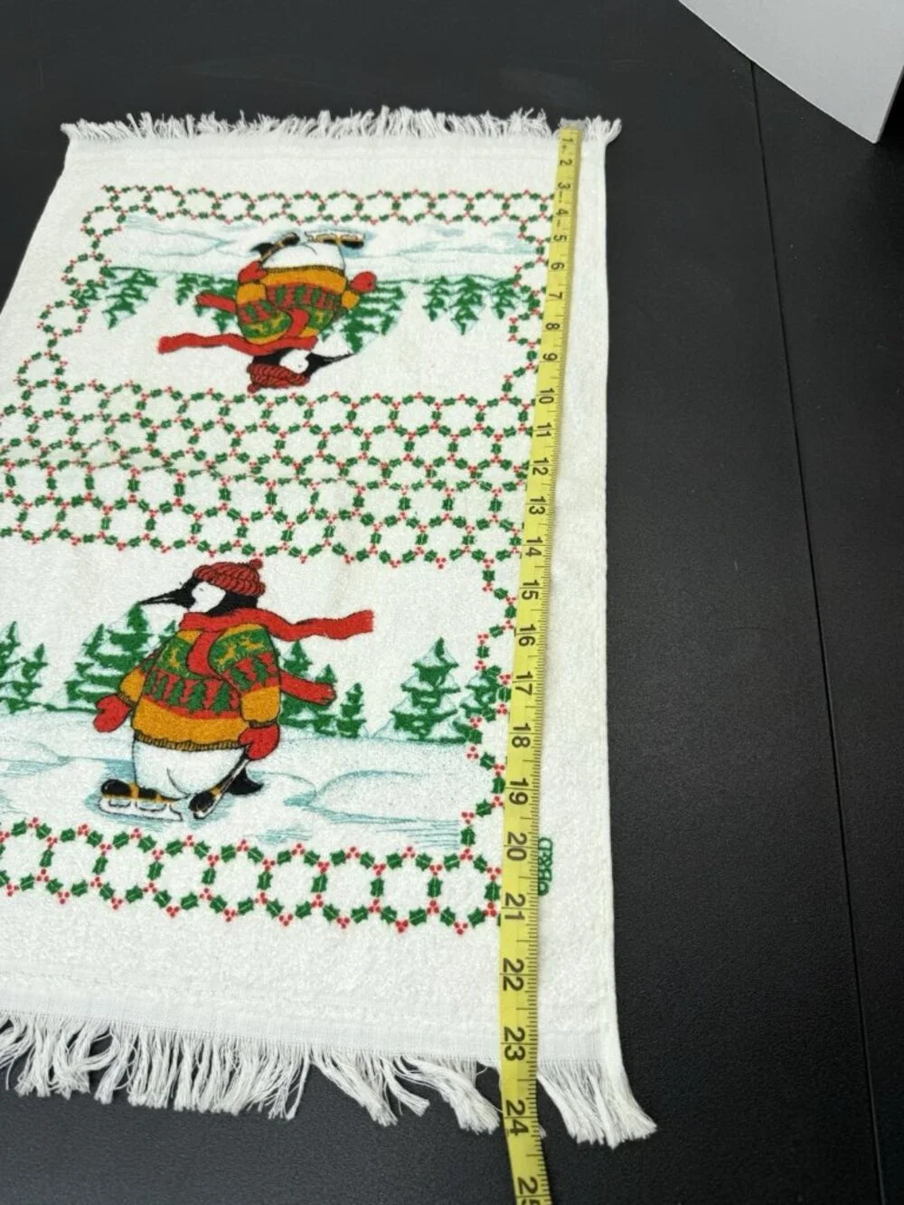 Vintage Kitchen Towel Christmas Ice Skating Penguin Cotton Dish Towel